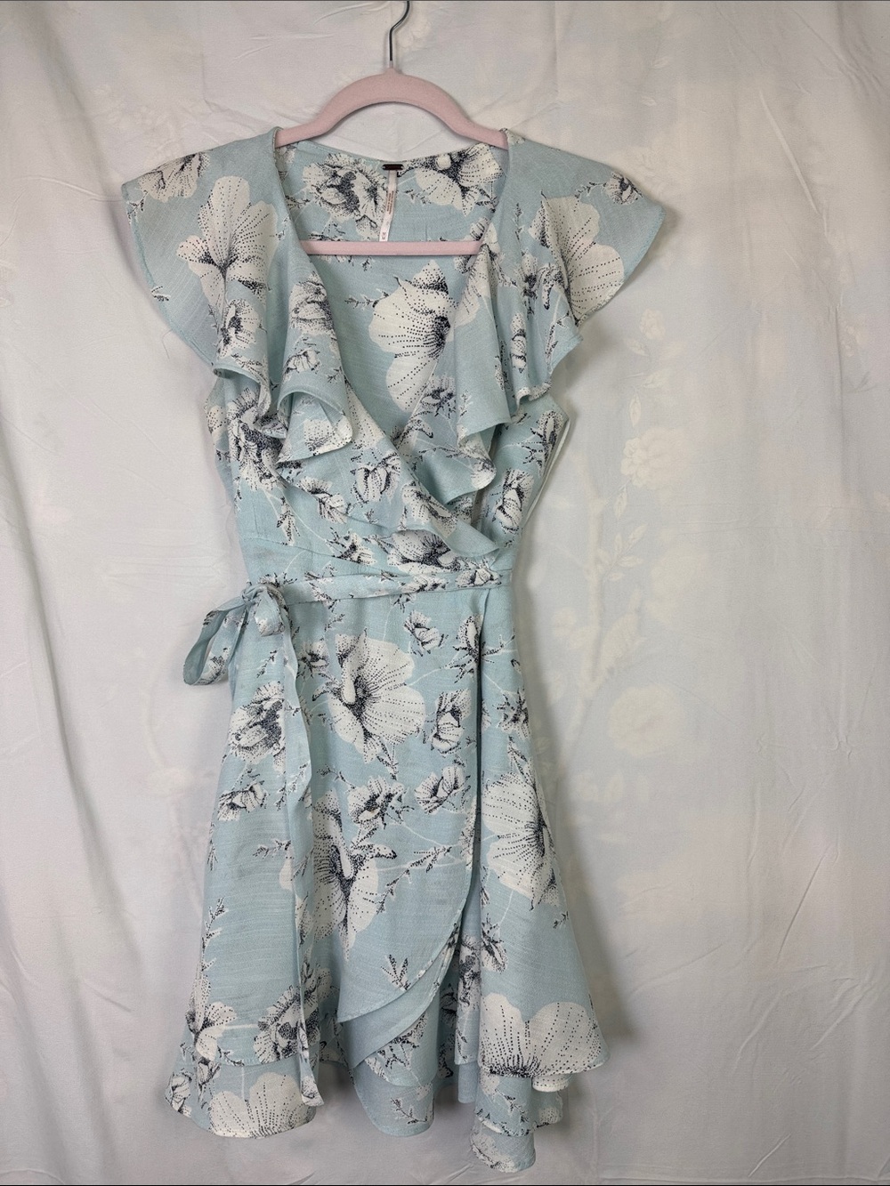 Free People Light Blue Floral Ruffle Wrap Midi Dress